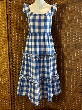 J.Crew Re-Imagined Blue White Gingham Tiered Midi Dress Size M Cottagecore